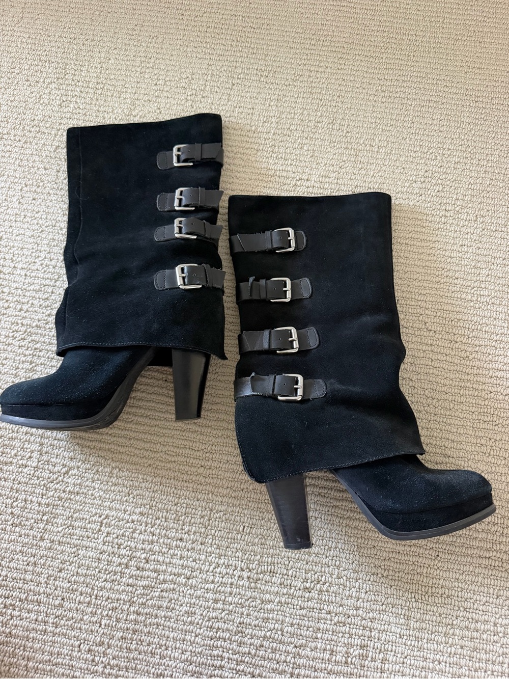 Report Black Suede Mid-Calf Buckle Heeled Boots